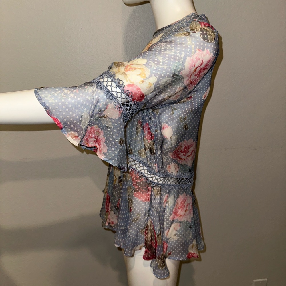 $495 ZIMMERMANN blue floral polka dot sheer peplum silk blouse top US 4 AUS 0 - Picture 4 of 7